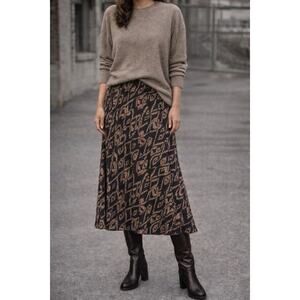 Vintage Ralph Lauren 90s Y2K Silk Wool Midi Skirt Ikat Print Bias Brown 14